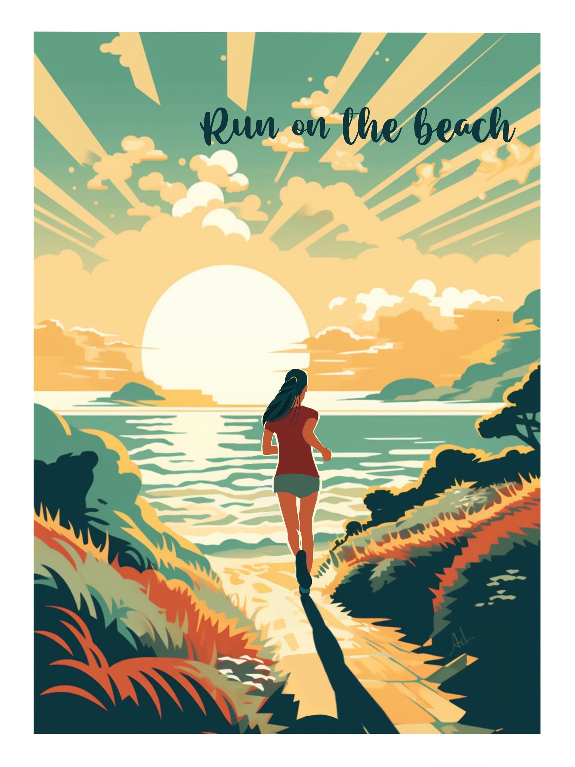 Affiche course à pied et trail. Cadeau pour coureur ou trailer: run on the beach